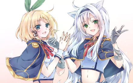 HD PC wallpaper featuring anime characters Rumia Tingel and Sistine Fibel from Rokudenashi Majutsu Koushi to Akashic Records, smiling and posing with hands joined.