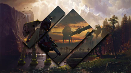 HD PC desktop wallpaper featuring Boba Fett in a sci-fi Star Wars scene with AT-AT walkers and a dramatic mountainous landscape at sunset.