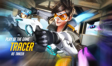 HD PC desktop wallpaper featuring Tracer from the video game Overwatch in an action pose with dynamic motion effects and “Play of the Game” text.