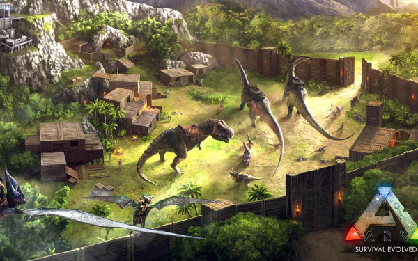 HD desktop wallpaper featuring a vibrant scene from the video game Ark: Survival Evolved, showcasing dinosaurs in a fortified settlement surrounded by lush greenery and mountainous terrain.