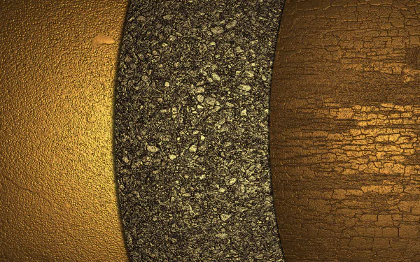 HD desktop wallpaper featuring an abstract golden texture with three sections: smooth gold on the left, rough textured center, and cracked gold surface on the right.