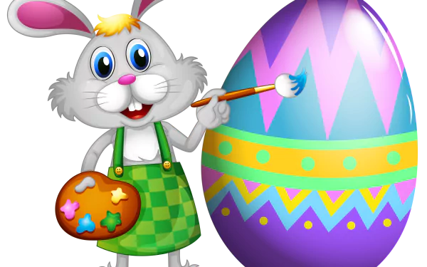 A cheerful Easter bunny in a green checkered apron paints a colorful giant egg, set against a vibrant 4K Ultra HD holiday-themed PC desktop wallpaper background.