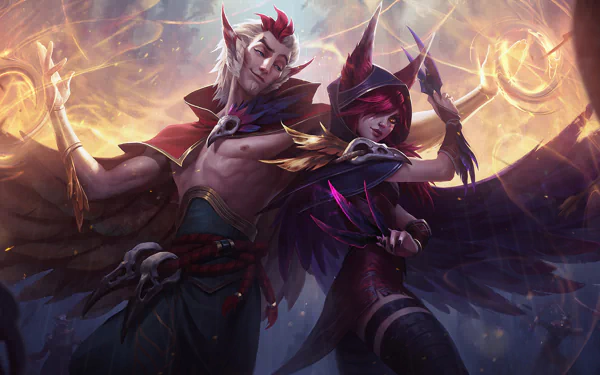 HD desktop wallpaper featuring Rakan and Xayah from League of Legends, showcasing their detailed character design and vibrant colors.