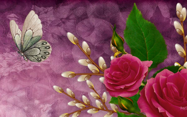 Artistic HD desktop wallpaper featuring vibrant pink roses, delicate pussy willow branches, and a translucent butterfly against a rich spring-inspired background.