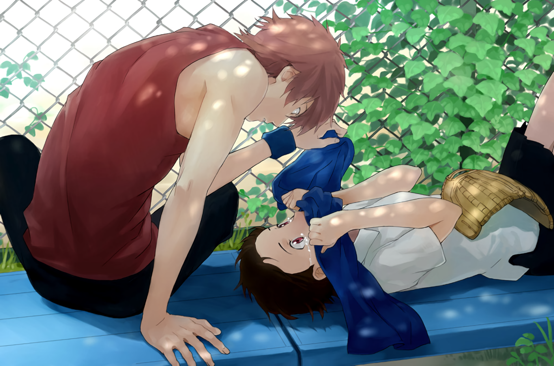 HD anime wallpaper featuring Makoto Konno and Chiaki Kuriyama from The Girl Who Leapt Through Time, set against a leafy background with a chain-link fence.