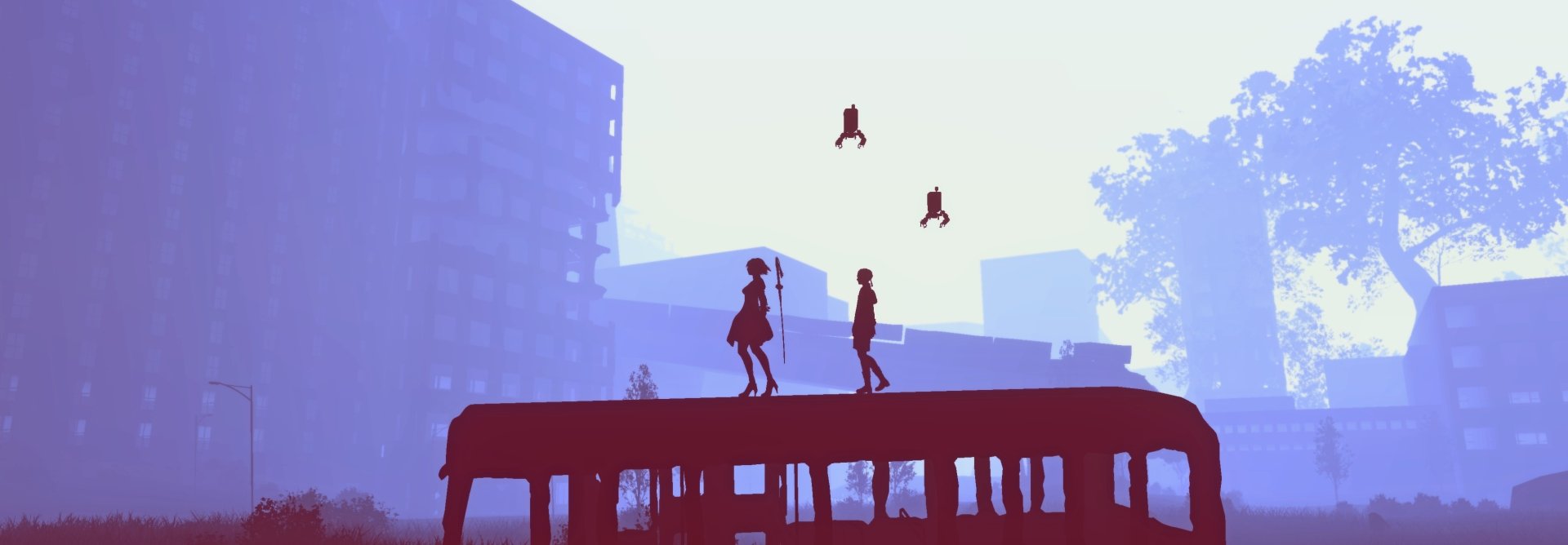 HD PC desktop wallpaper featuring a stylized cityscape from the video game NieR: Automata with characters and flying machines silhouetted against a pale sky.