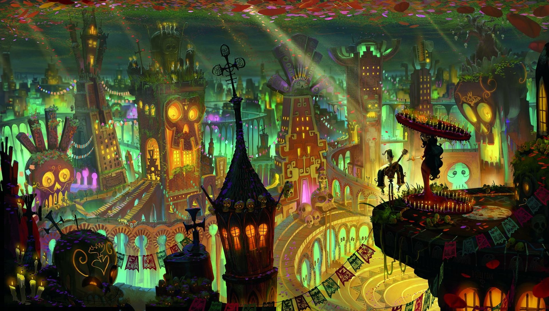 HD desktop wallpaper of a colorful fantasy city from The Book of Life, featuring Manolo and La Muerte atop a balcony overlooking glowing, ornate buildings.
