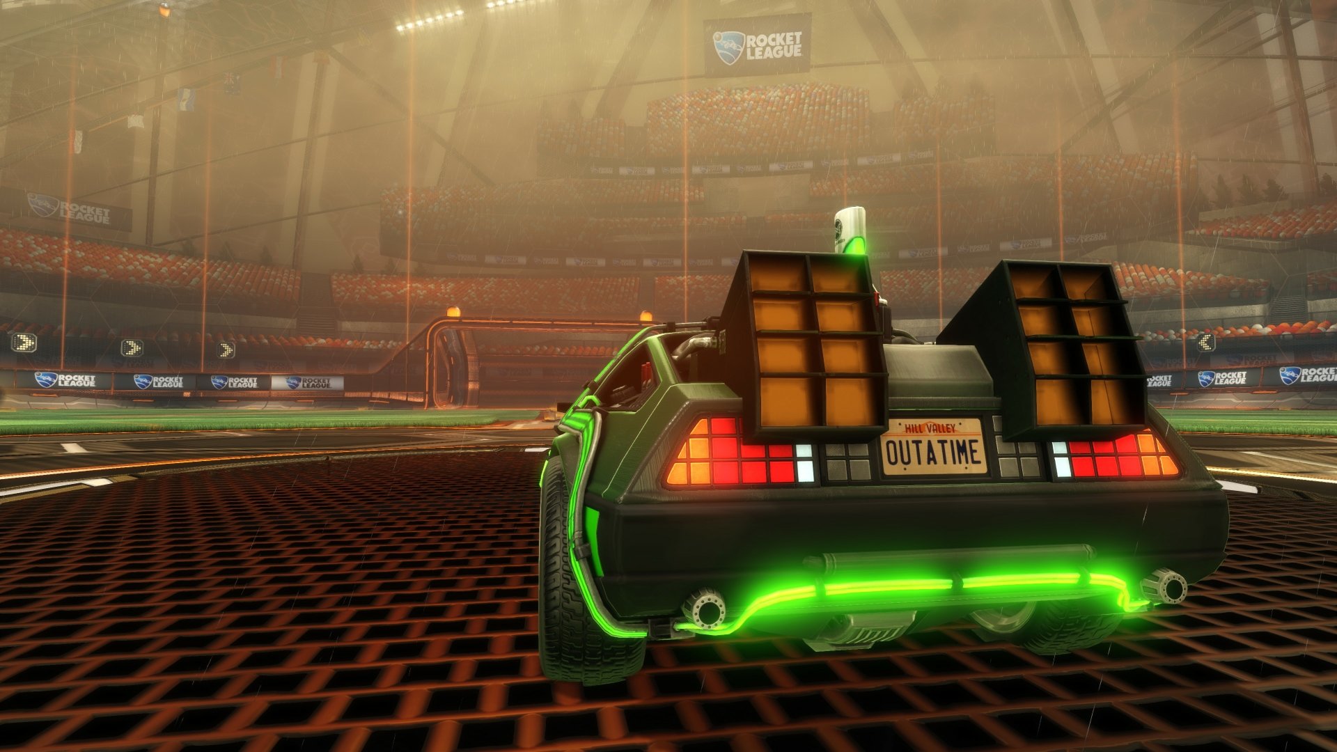 4K Ultra HD PC desktop wallpaper/background: Rocket League video game scene with neon-green DeLorean-style car bearing OUTATIME plate on a lit arena turf.