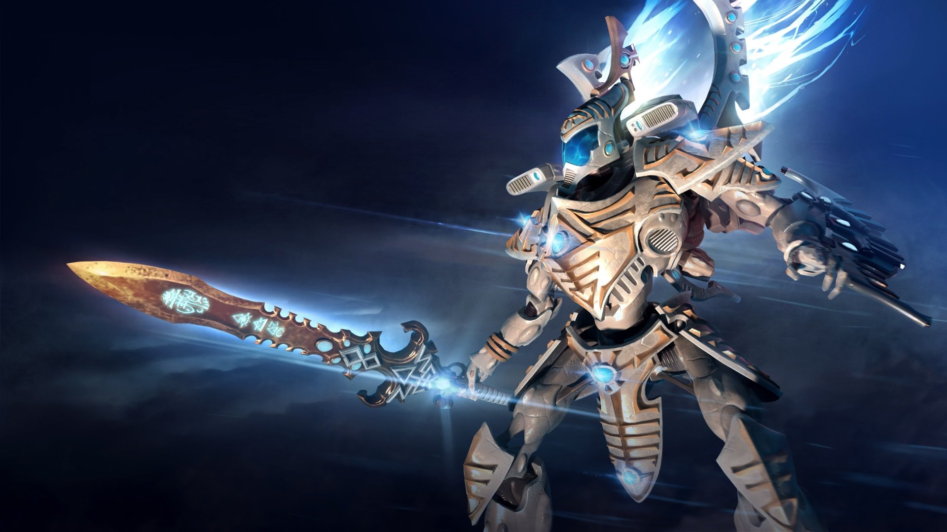 A Warhammer 40k mecha warrior wielding a glowing sword, set against a dark, stormy backdrop in 4K Ultra HD video game style.