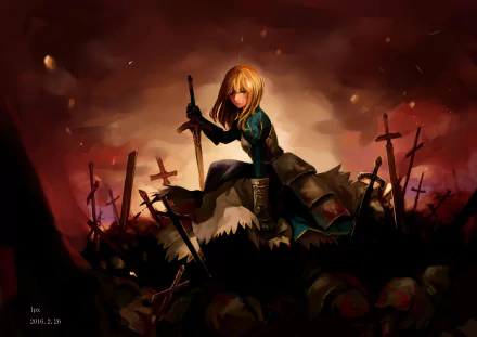 HD desktop wallpaper of Saber from the Fate Series, specifically from Fate/Stay Night. The scene depicts Saber with swords around her in a battle-ravaged field, set against a dramatic sky.