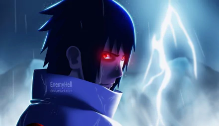 HD desktop wallpaper featuring Sasuke Uchiha from the anime Naruto, with red glowing eyes and a striking blue-lit background.