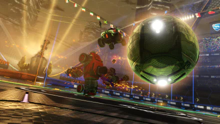 Rocket League video game action: rocket-powered cars leap and strike a giant soccer ball in a glowing stadium — HD PC desktop wallpaper and background.