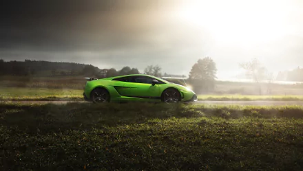 A vibrant green Lamborghini Gallardo Superleggera supercar parked on a grassy field under a moody sky, captured in stunning 4K Ultra HD resolution.