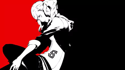 HD desktop wallpaper featuring Ann Takamaki from the video game Persona 5, illustrated in a black and white style with a striking red background.