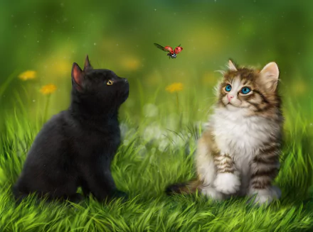 HD desktop wallpaper featuring a cute black kitten and a fluffy tabby kitten in spring grass, watching a ladybug fly between them in a vibrant, painted animal scene.