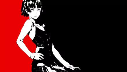 HD desktop wallpaper featuring Makoto Niijima from the video game Persona 5. The black and white character stands out against a striking red and black background.
