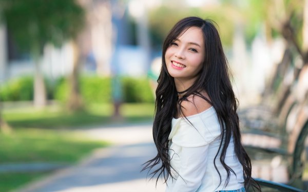 Women Asian Model Brunette Long Hair Smile Depth Of Field Janice HD Wallpaper | Background Image