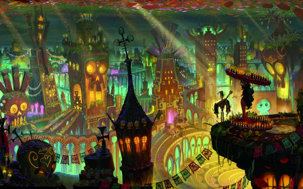 HD desktop wallpaper of a colorful fantasy city from The Book of Life, featuring Manolo and La Muerte atop a balcony overlooking glowing, ornate buildings.