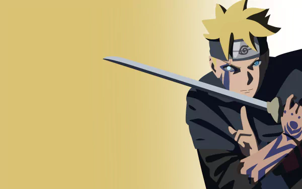 HD desktop wallpaper of Boruto Uzumaki from the anime Boruto, featuring him with Jōgan and holding a sword against a two-toned background.