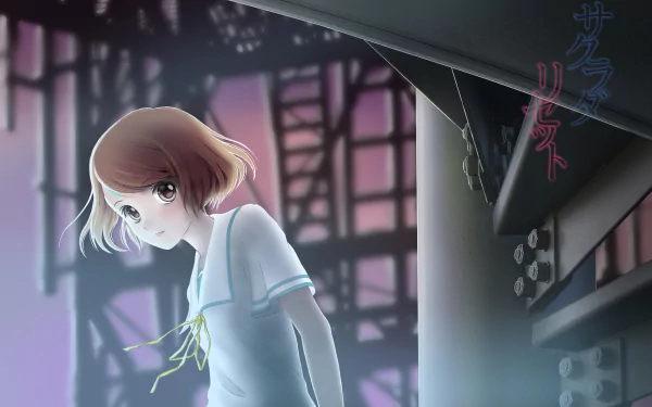 HD PC desktop wallpaper/background of Misora Haruki from the anime Sakurada Reset: a schoolgirl in a white sailor uniform bathed in soft twilight beneath industrial beams.