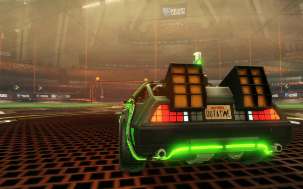 4K Ultra HD PC desktop wallpaper/background: Rocket League video game scene with neon-green DeLorean-style car bearing OUTATIME plate on a lit arena turf.