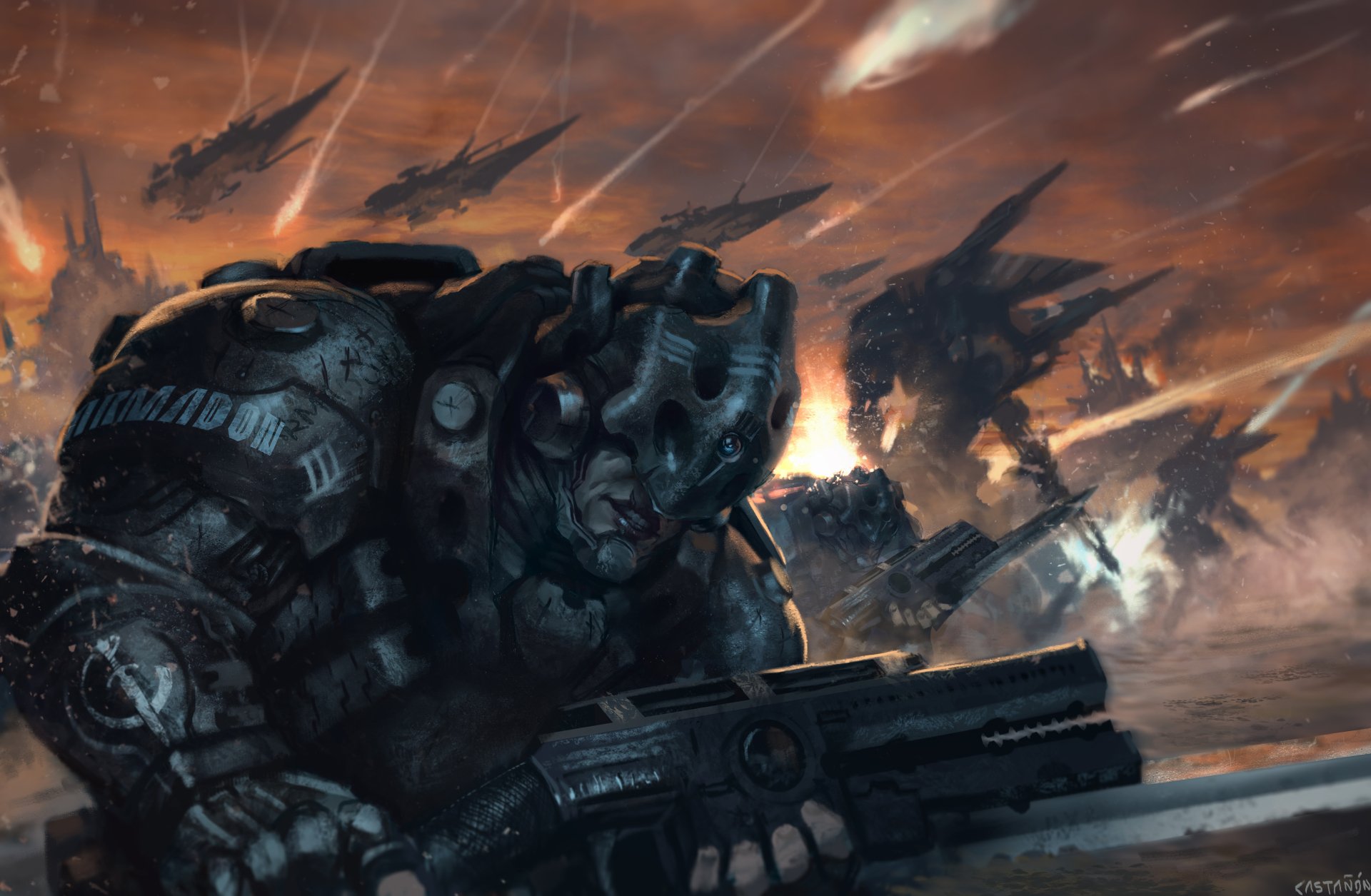 A heavily armored sci-fi warrior wields a large weapon amid a fiery battlefield with futuristic aircraft under a stormy sky in 4K Ultra HD detail.