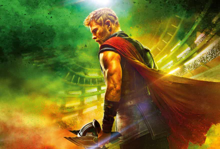 HD desktop wallpaper featuring Chris Hemsworth as Thor from the movie Thor: Ragnarok. Thor stands in profile holding his weapon, set against a vibrant, swirling background.