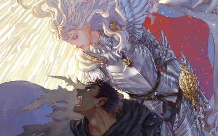 HD anime desktop wallpaper featuring Guts and Griffith from Berserk, showcasing dynamic contrast between light and dark with detailed character designs.