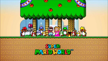 HD desktop wallpaper featuring characters from the video game Super Mario World: Return to Dinosaur Land, with Mario, Princess Peach, Yoshi, and others under a large tree.