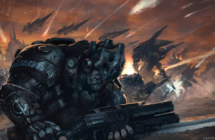 A heavily armored sci-fi warrior wields a large weapon amid a fiery battlefield with futuristic aircraft under a stormy sky in 4K Ultra HD detail.