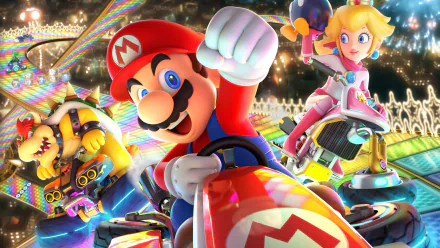 HD desktop wallpaper featuring Mario, Princess Peach, and Bowser from Mario Kart 8 Deluxe in an exciting race, showcasing vibrant colors and dynamic action.