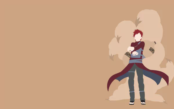 Minimalist HD desktop wallpaper featuring Gaara from Naruto anime, standing with arms crossed, surrounded by sand on a beige background.