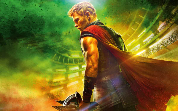 HD desktop wallpaper featuring Chris Hemsworth as Thor from the movie Thor: Ragnarok. Thor stands in profile holding his weapon, set against a vibrant, swirling background.