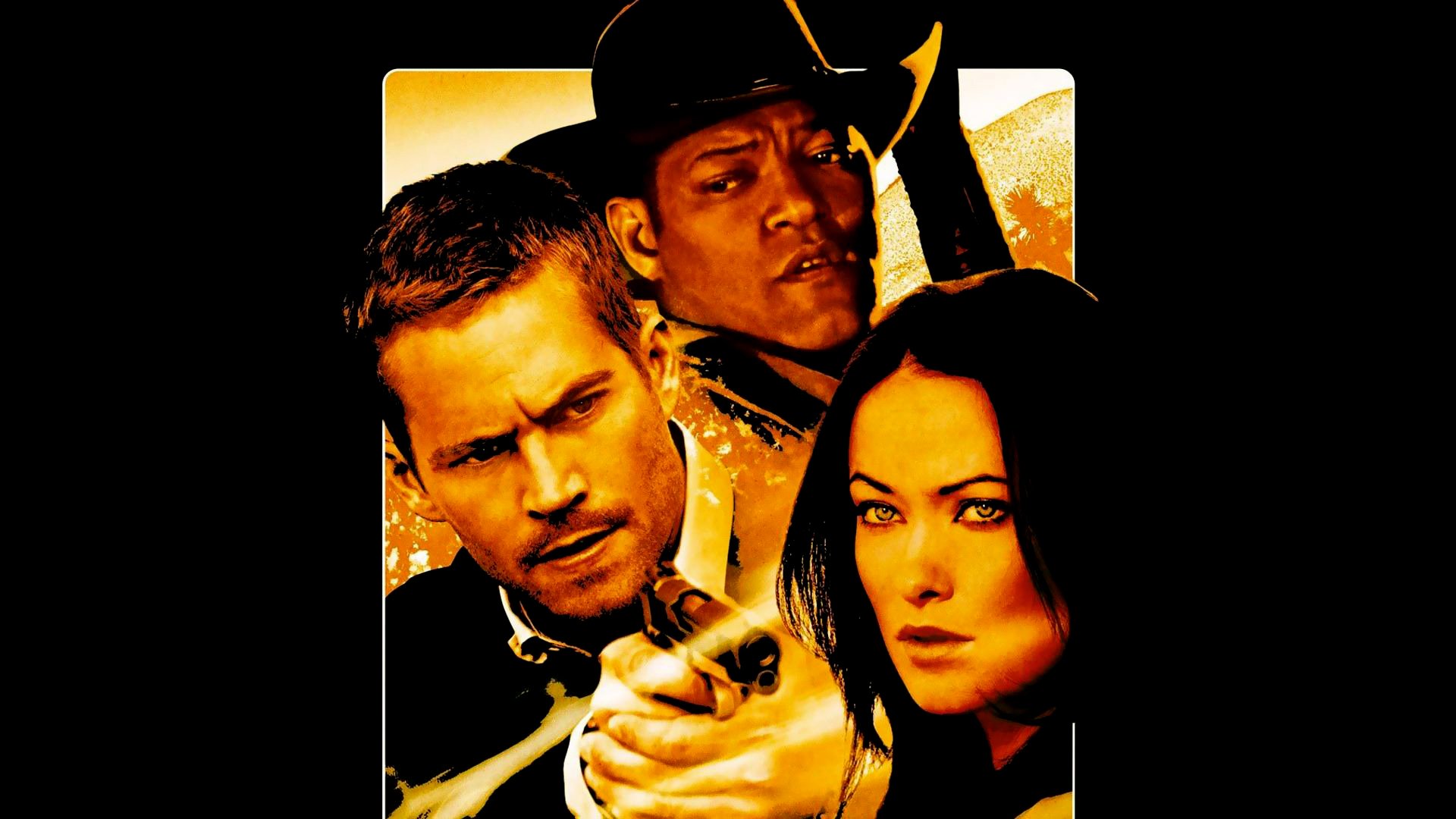 HD desktop wallpaper featuring Olivia Wilde, Laurence Fishburne, and Paul Walker from the movie The Death and Life of Bobby Z, with intense expressions and dramatic lighting.