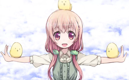 Hinako Sakuragi from the anime Hinako Note smiles with arms outstretched, surrounded by three small, yellow chicks against a blue sky background in this HD PC desktop wallpaper.