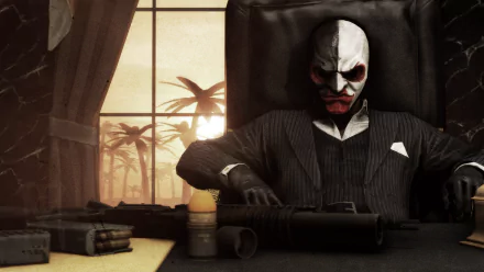HD desktop wallpaper featuring Scarface from Payday 2, showcasing the character in a dimly lit room with palm trees visible through the window.
