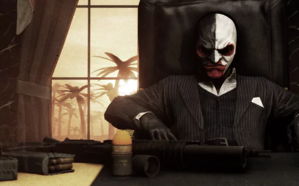 HD desktop wallpaper featuring Scarface from Payday 2, showcasing the character in a dimly lit room with palm trees visible through the window.