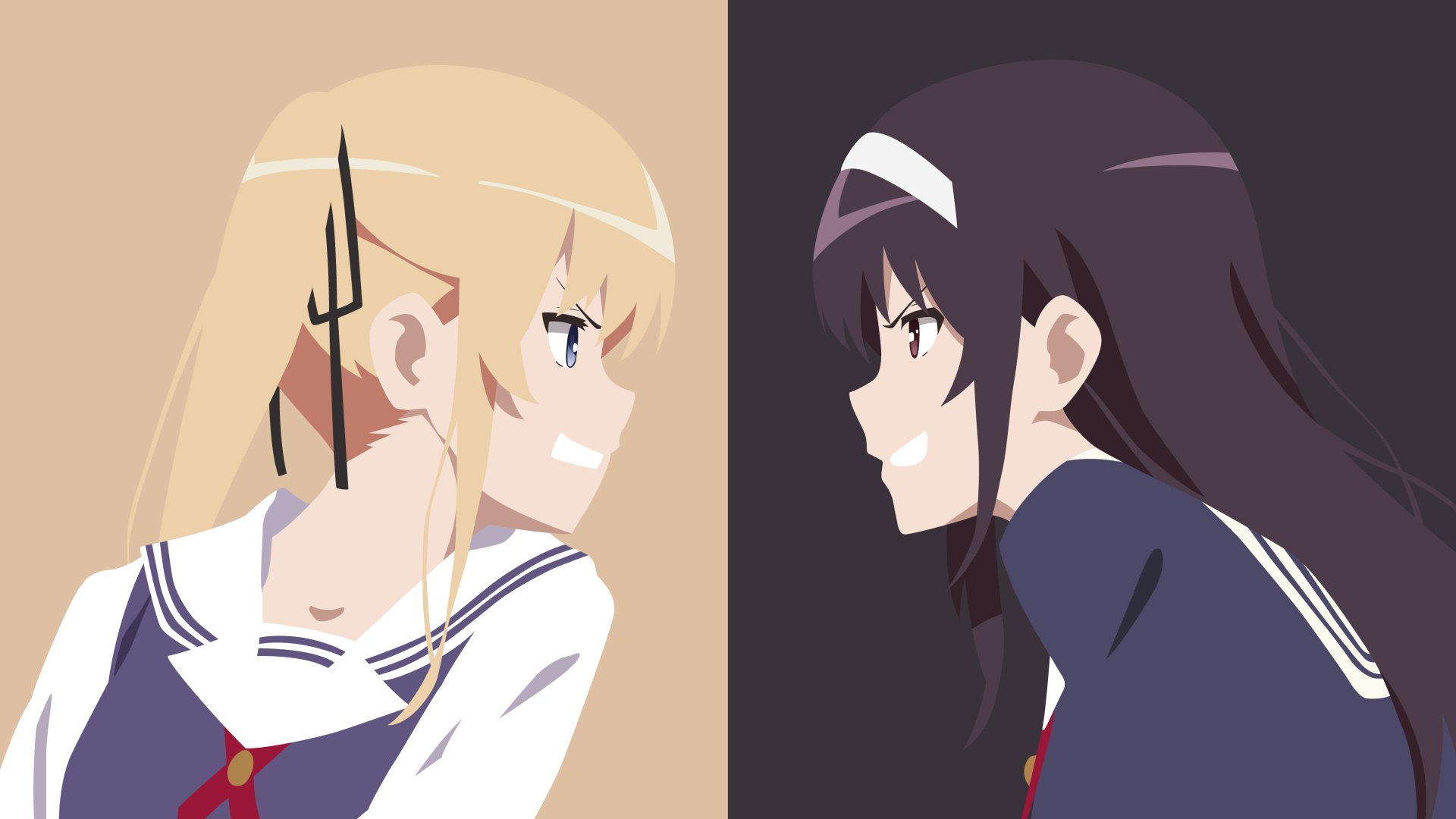 Minimalist 4K Ultra HD anime wallpaper featuring Eriri Spencer Sawamura and Utaha Kasumigaoka from Saekano: How to Raise a Boring Girlfriend in a face-off pose.