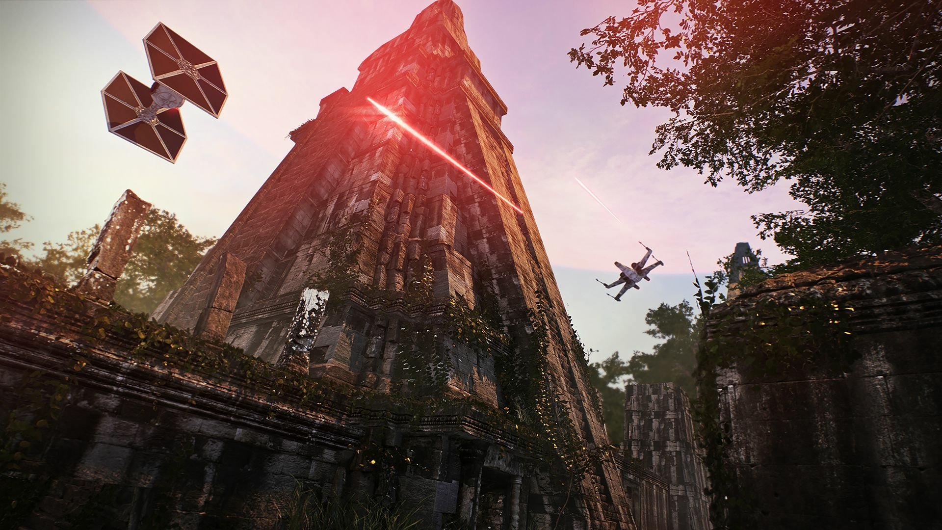 Ruined jungle temple under a sunlit sky as a TIE fighter and X-wing exchange laser fire — video game Star Wars Battlefront II (2017) HD PC desktop wallpaper/background.