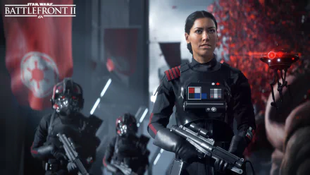 A high-definition wallpaper from Star Wars Battlefront II (2017), depicting a squad of stormtroopers led by a central female character in tactical gear.