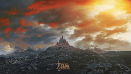 HD desktop wallpaper of a landscape scene from The Legend of Zelda: Breath of the Wild, featuring a castle atop a rocky mountain under a dramatic sky.