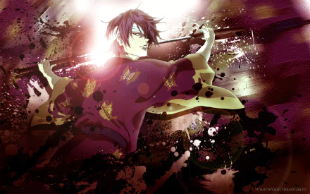 A dynamic HD wallpaper featuring Shinsuke Takasugi from the anime Gintama, showcasing vibrant colors and dramatic action against a backdrop of swirling patterns.