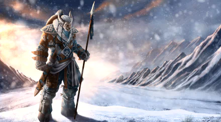 Horned fantasy warrior in heavy armor stands with spear amid a winter snowfall, icy mountains behind him — 5K Ultra HD PC desktop wallpaper/background.