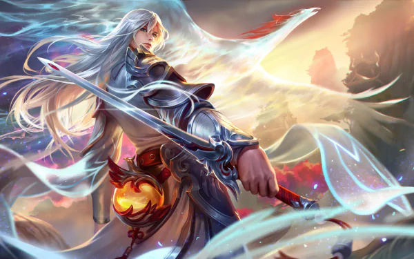 A white-haired warrior from King of Glory brandishes a sword amid glowing, ethereal wings in this dynamic 4K Ultra HD video game wallpaper.