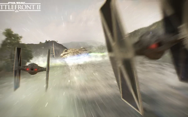 HD desktop wallpaper featuring a scene from Star Wars Battlefront II (2017) with TIE Fighters chasing the Millennium Falcon through a landscape at high speed.