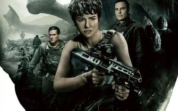 HD desktop wallpaper featuring Michael Fassbender and Katherine Waterston in a dark, intense scene from the movie Alien: Covenant.