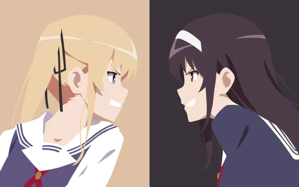 Minimalist 4K Ultra HD anime wallpaper featuring Eriri Spencer Sawamura and Utaha Kasumigaoka from Saekano: How to Raise a Boring Girlfriend in a face-off pose.