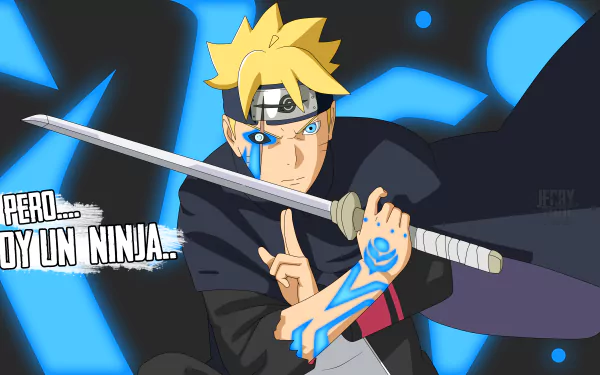 HD wallpaper of Boruto Uzumaki wielding a sword, featuring the Jōgan eye and blue markings. The background has blue symbols and the text Pero... soy un ninja.. in Spanish.