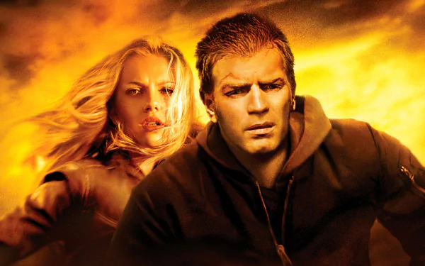HD PC wallpaper of two characters from the movie The Island — a determined man in front with a woman behind him, framed against intense, fiery orange skies.