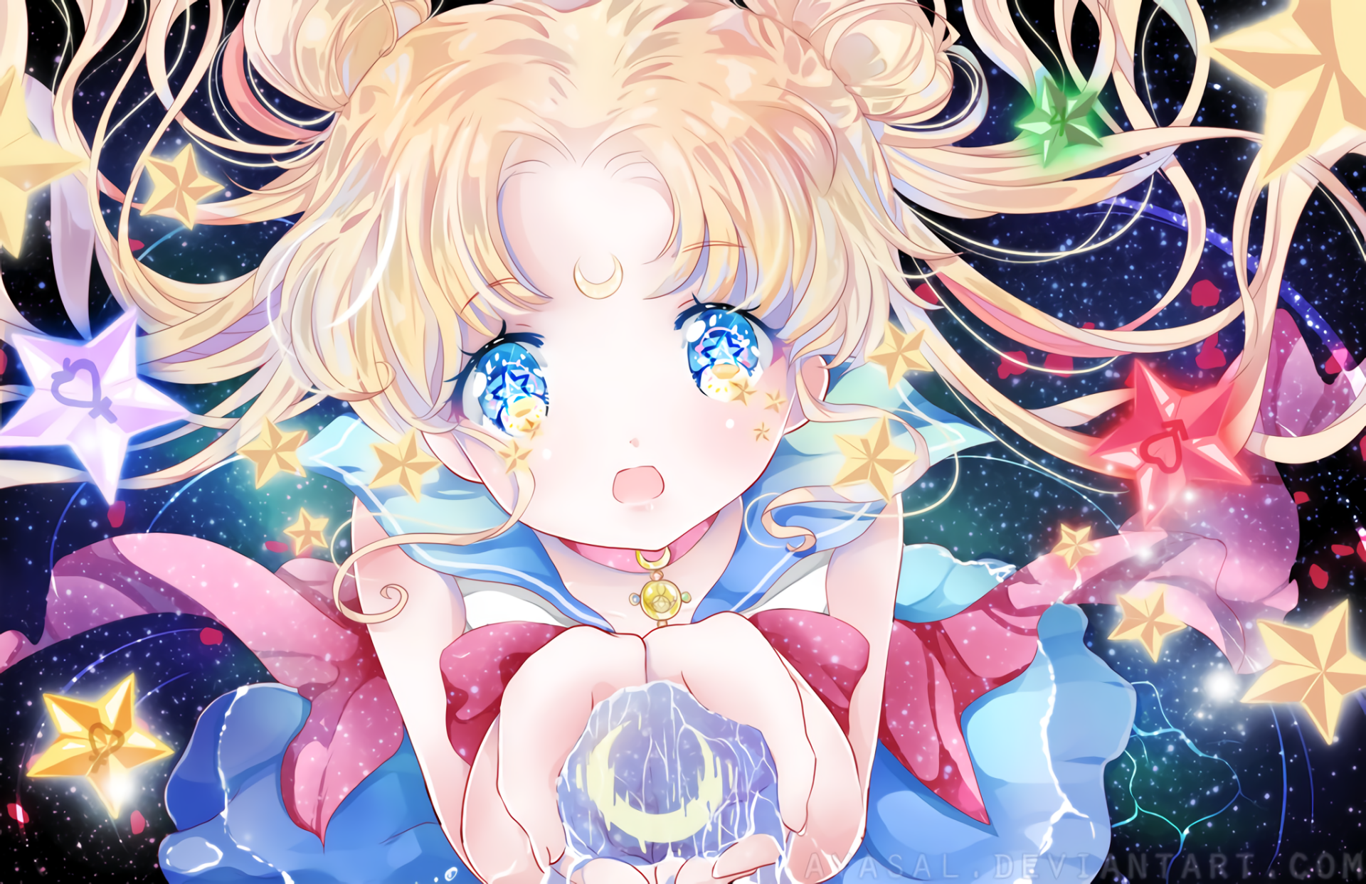 HD desktop wallpaper featuring Sailor Moon from Anime, surrounded by stars against a mesmerizing space background.